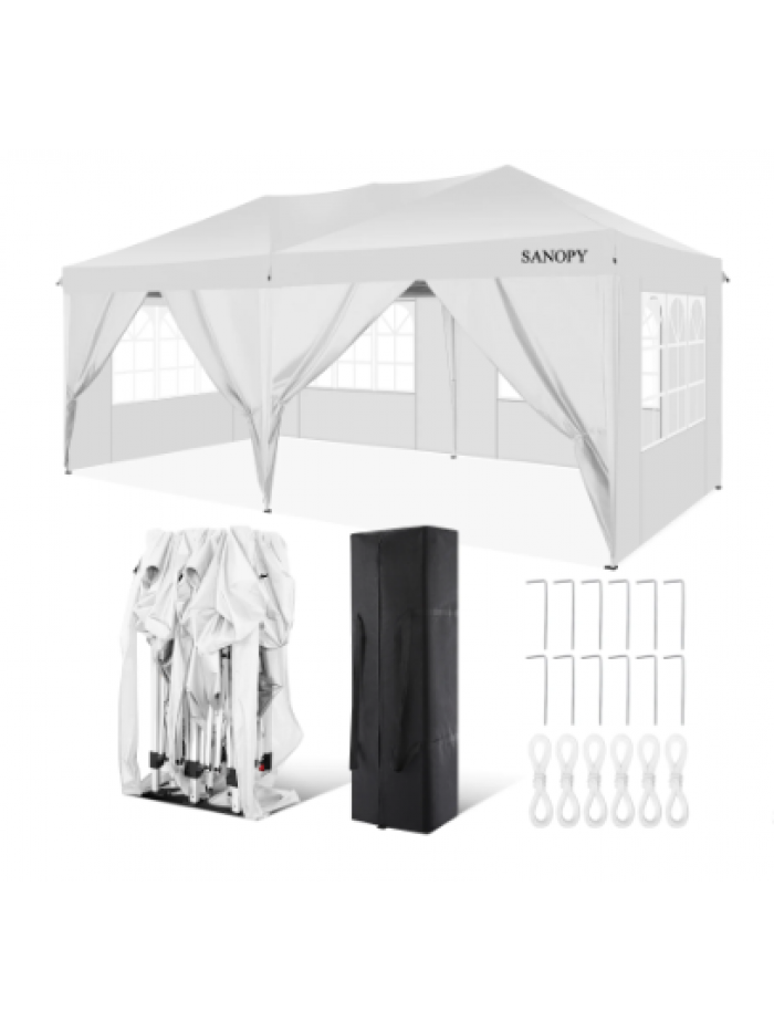 SANOPY 10' x 20' EZ Pop Up Canopy Tent Party Tent Outdoor Event Instant Tent Gazebo with 6 Removable Sidewalls and Carry Bag, White