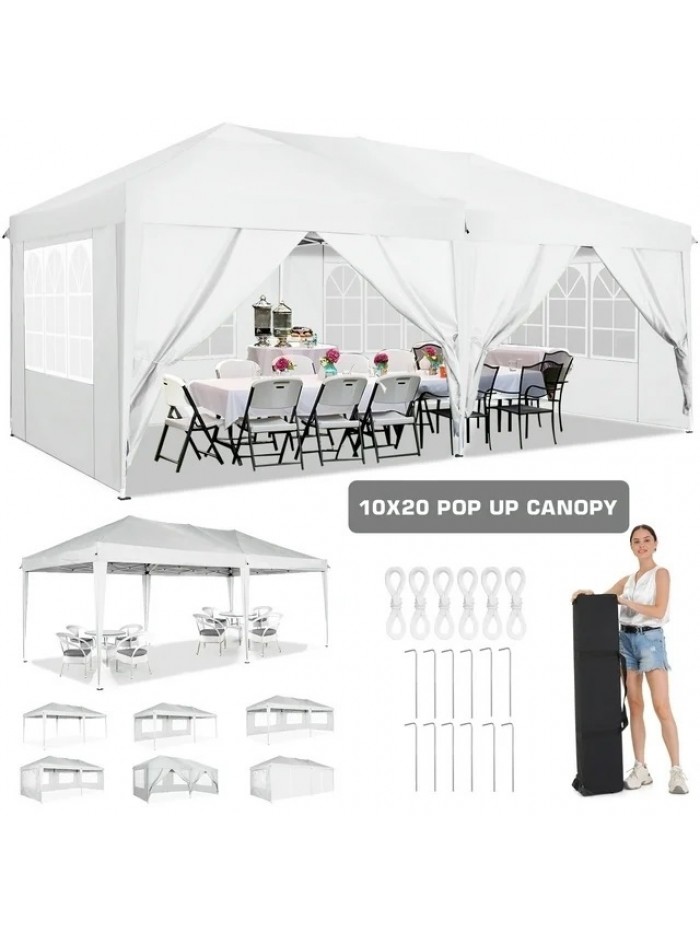 SANOPY 10' x 20' EZ Pop Up Canopy Tent Party Tent Outdoor Event Instant Tent Gazebo with 6 Removable Sidewalls and Carry Bag, White